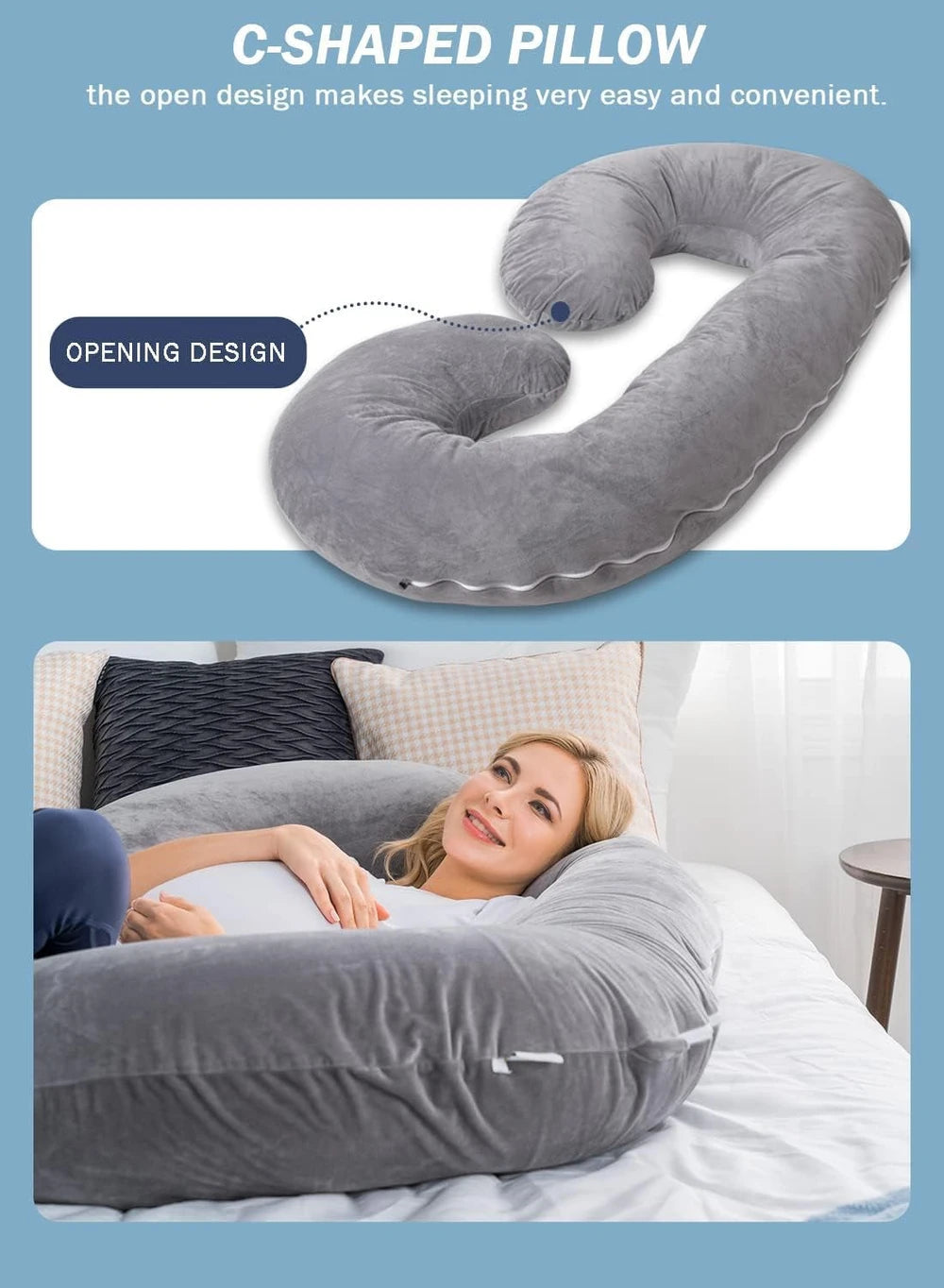 Pregnancy Pillow for Sleeping, Maternity Pillow with Jersey Cotton Cover,C Shaped Body Pillow for Pregnant (Gray)