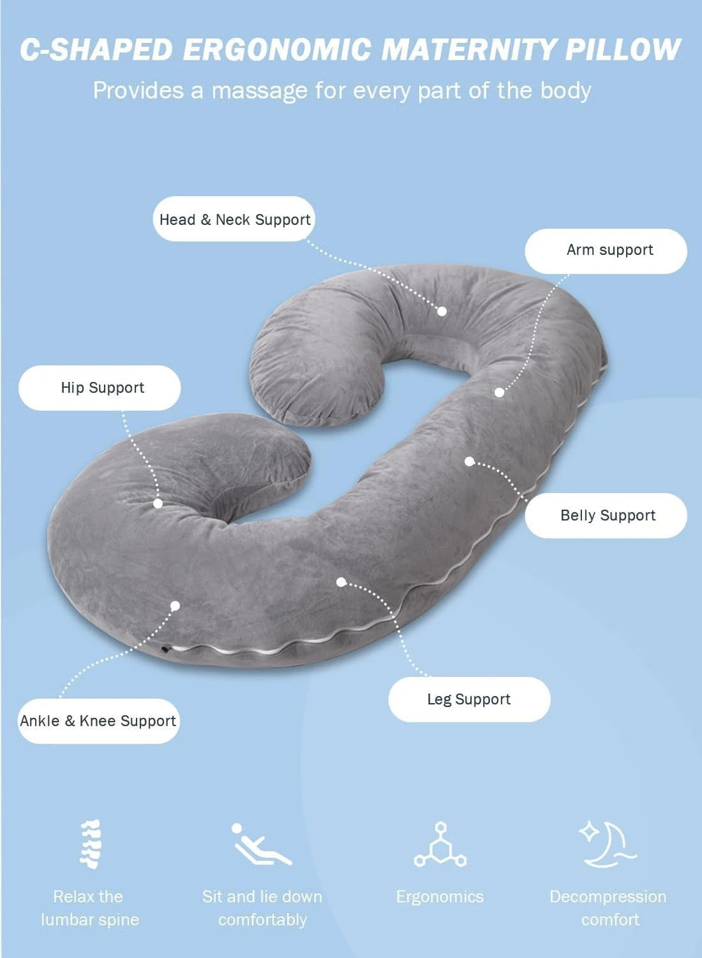Pregnancy Pillow for Sleeping, Maternity Pillow with Jersey Cotton Cover,C Shaped Body Pillow for Pregnant (Gray)