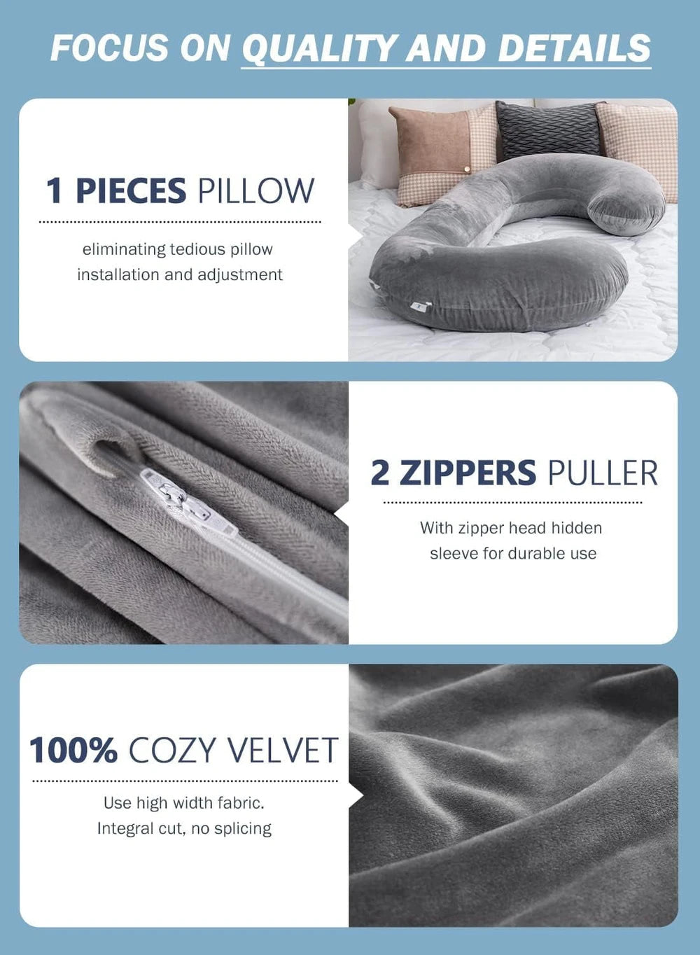 Pregnancy Pillow for Sleeping, Maternity Pillow with Jersey Cotton Cover,C Shaped Body Pillow for Pregnant (Gray)