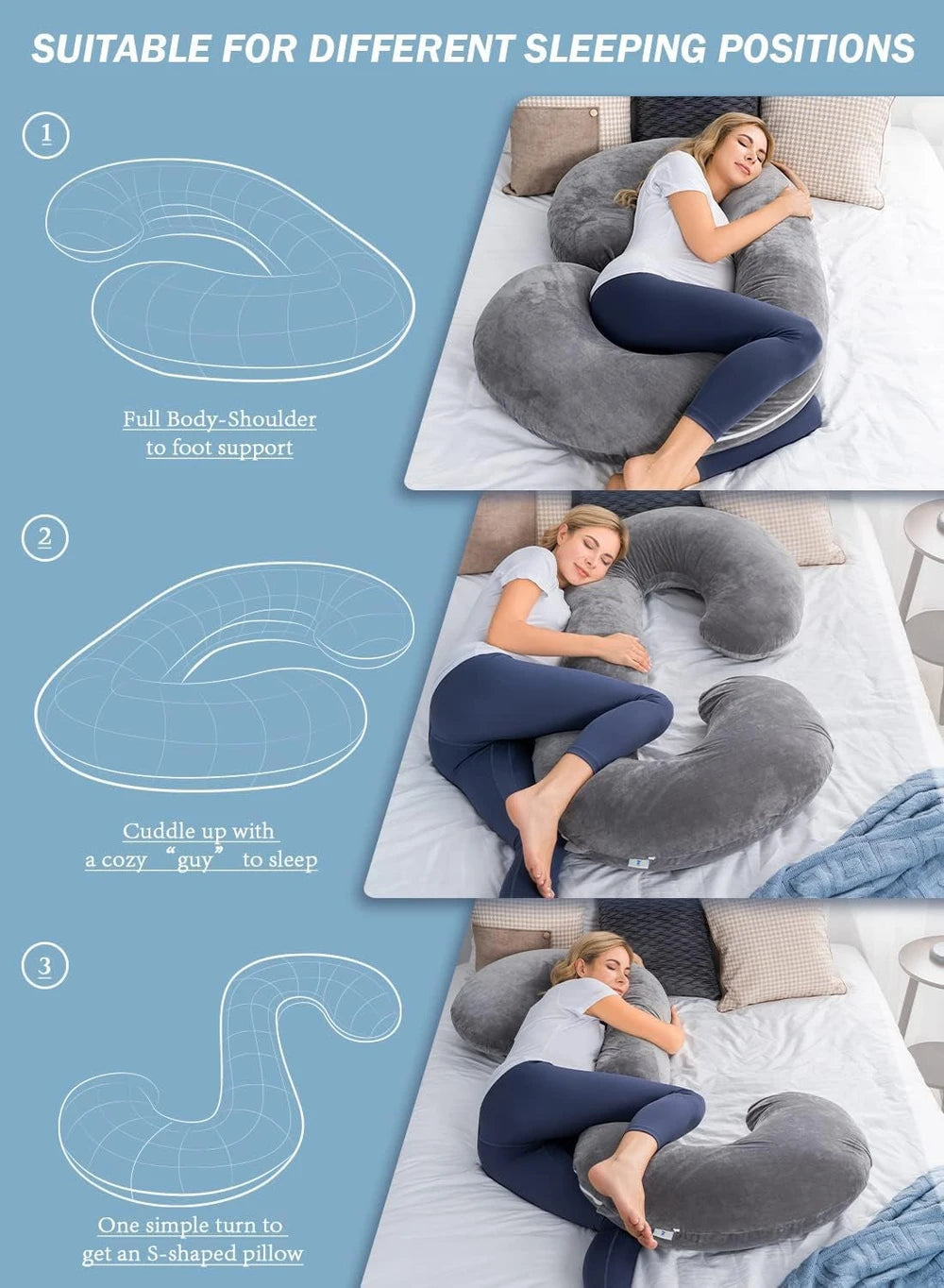 Pregnancy Pillow for Sleeping, Maternity Pillow with Jersey Cotton Cover,C Shaped Body Pillow for Pregnant (Gray)