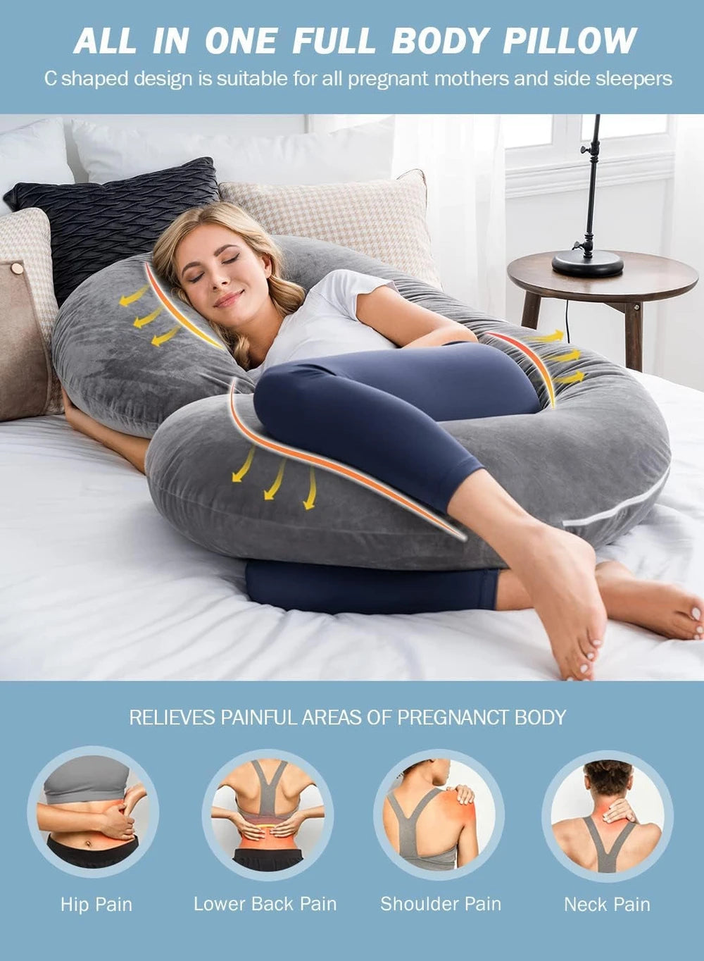 Pregnancy Pillow for Sleeping, Maternity Pillow with Jersey Cotton Cover,C Shaped Body Pillow for Pregnant (Gray)