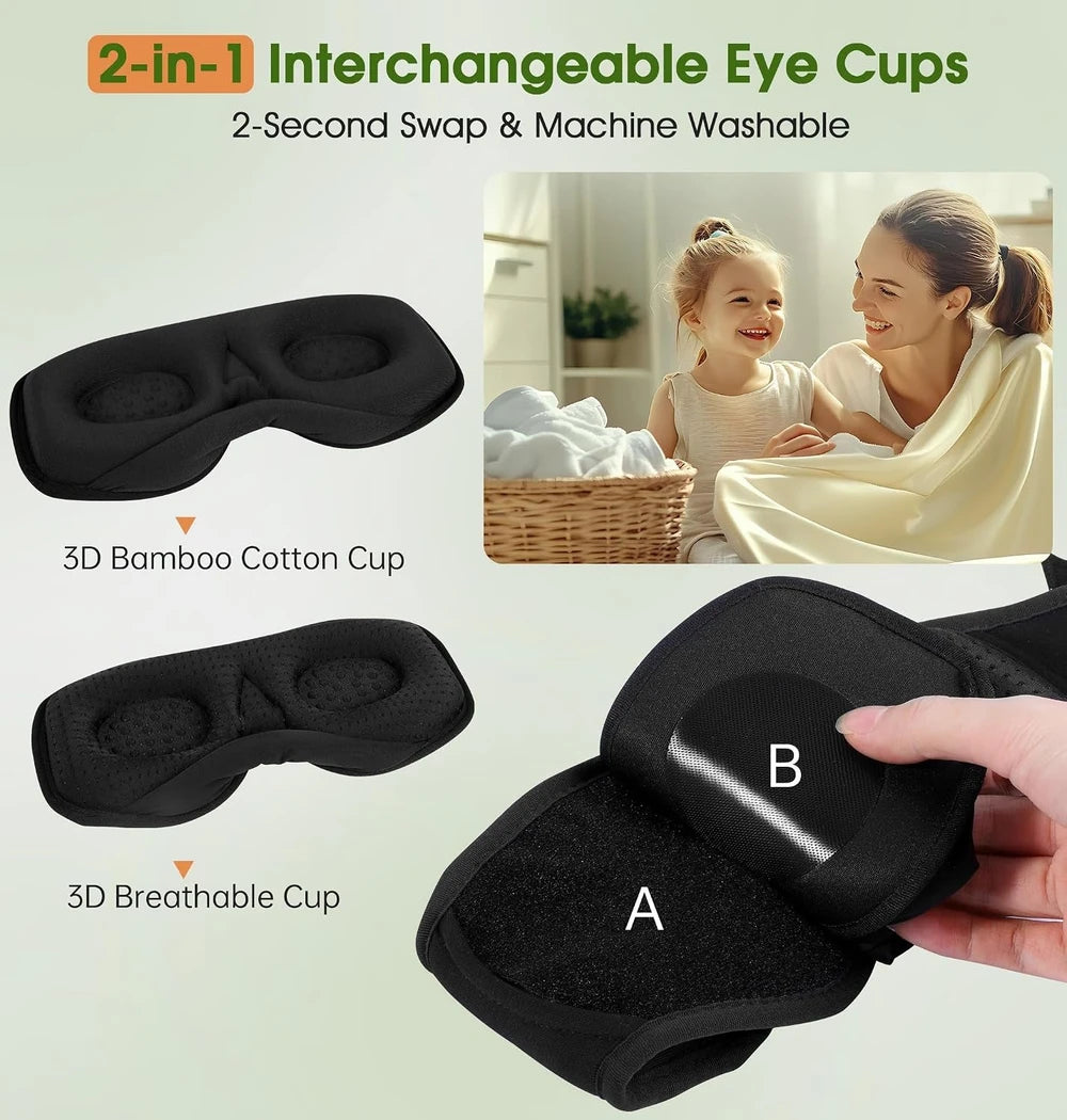 Bamboo Cotton Bluetooth Sleep Mask, 2 in 1 3D Soft Sleep Mask with Sleep Headphones, Sleep Eye Mask with Timming Setting, Blackout Sleeping Mask for Side Sleepers, Women Men, Black
